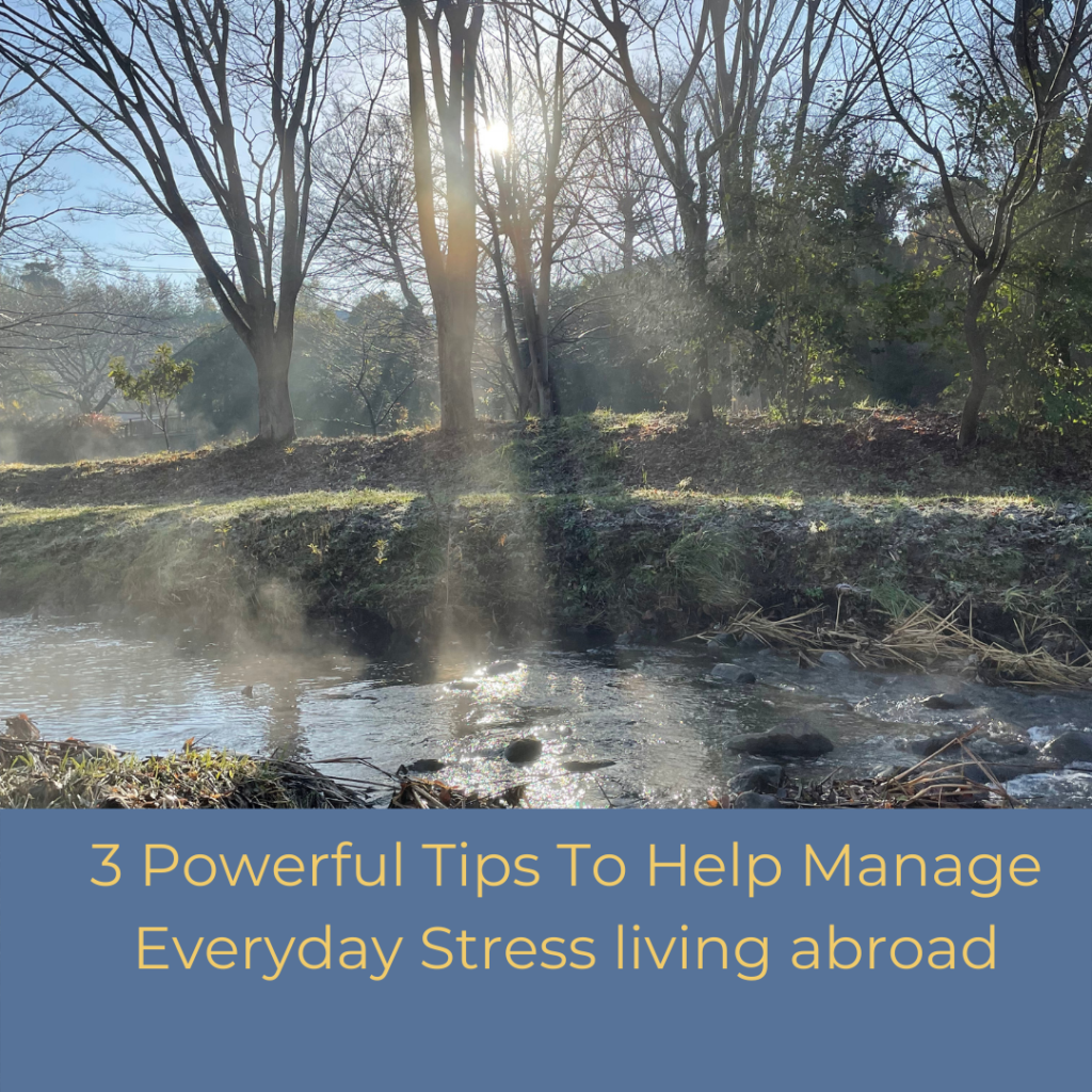 Use 3 Powerful Tips To Help Manage Everyday Stress when living abroad. Get a calm mind, focus on the present and keep balanced healthy habits living abroad.